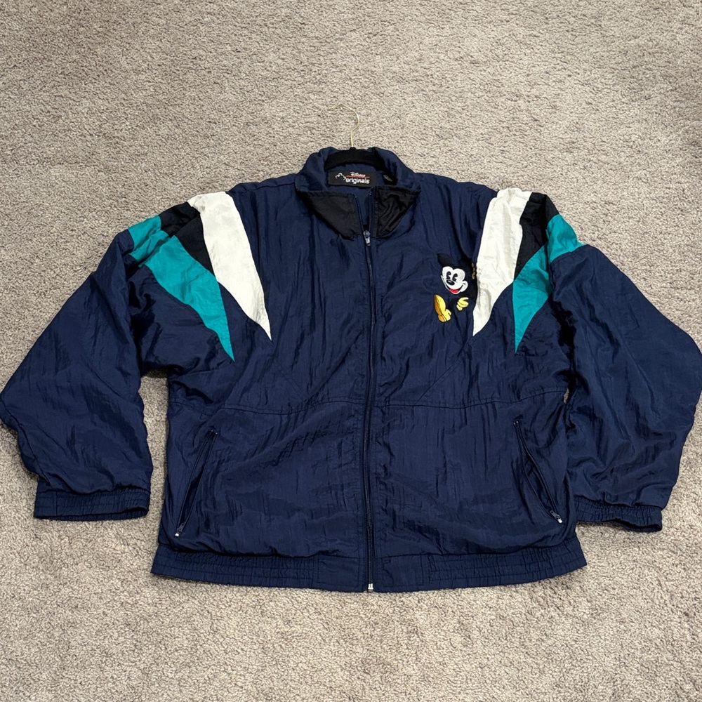 Vintage Disney Men's Navy and Teal Windbreaker with  Mickey size S